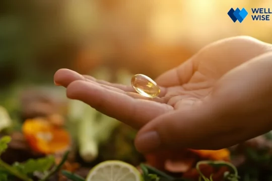 Hand holding a safe, clear supplement capsule against natural herbal ingredients.