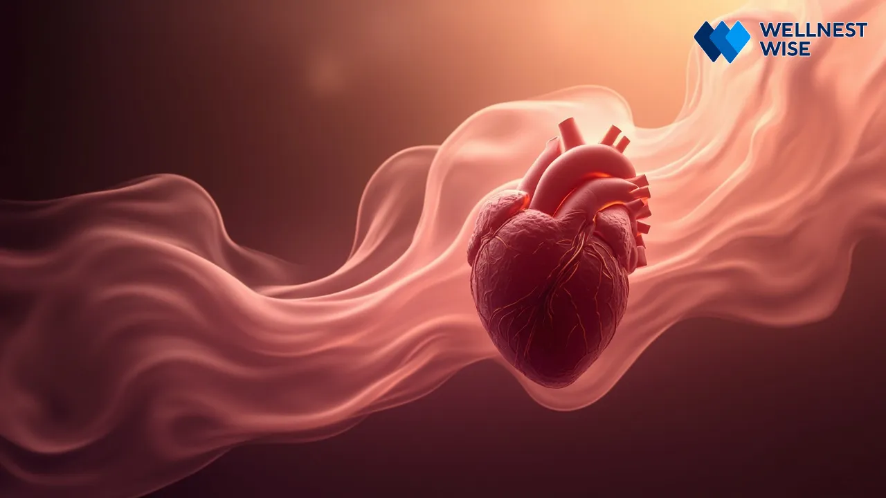 Healthy heart with flowing steam, representing cardiovascular benefits of sauna.
