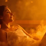 Person relaxing peacefully in a modern wooden sauna, experiencing health benefits and deep relaxation.