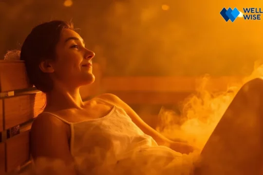 Person relaxing peacefully in a modern wooden sauna, experiencing health benefits and deep relaxation.
