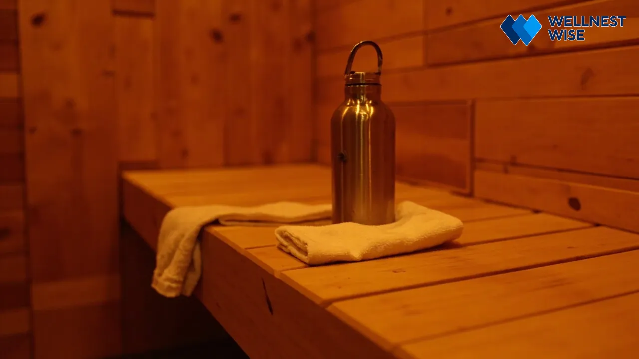 Water bottle and towel on sauna bench, symbolizing safe hydration practices.