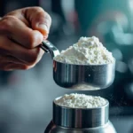 Person scooping creatine monohydrate powder into a shaker bottle in a gym setting.