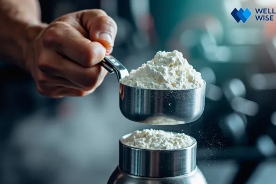 Person scooping creatine monohydrate powder into a shaker bottle in a gym setting.
