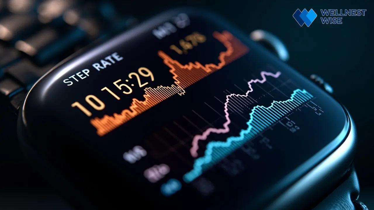Smartwatch screen showing health metrics with scientific data overlay, representing the validation of wearable health tracking.