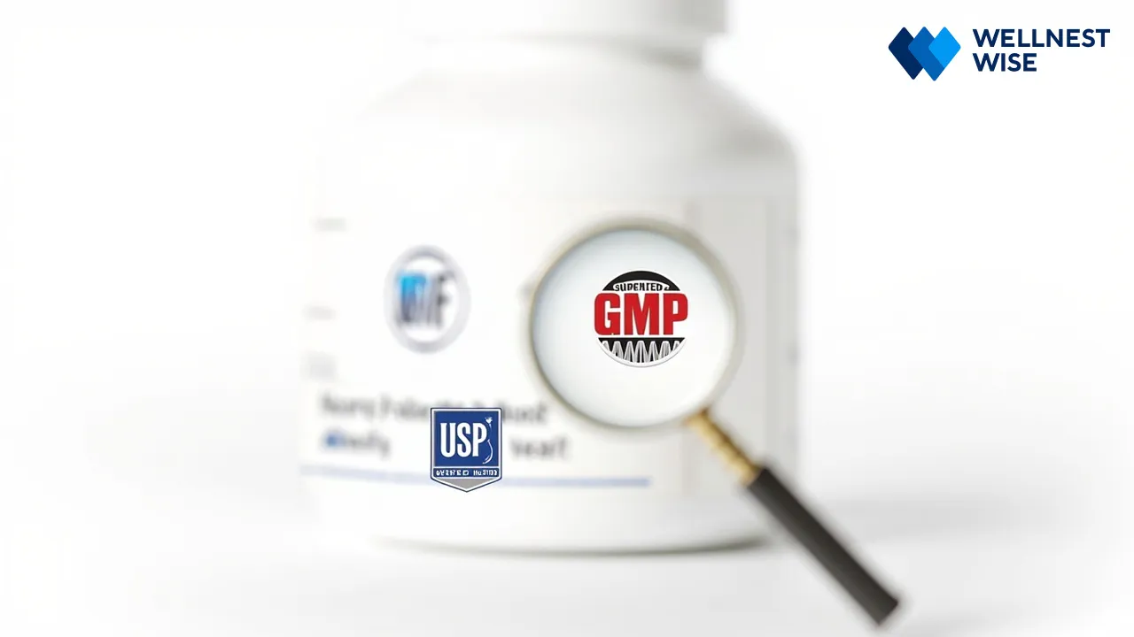 Magnifying glass examining supplement label for third-party testing certifications and quality control.