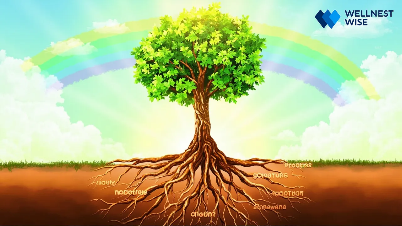 Growing tree with roots of support symbolizing sustained health and long-term diet success