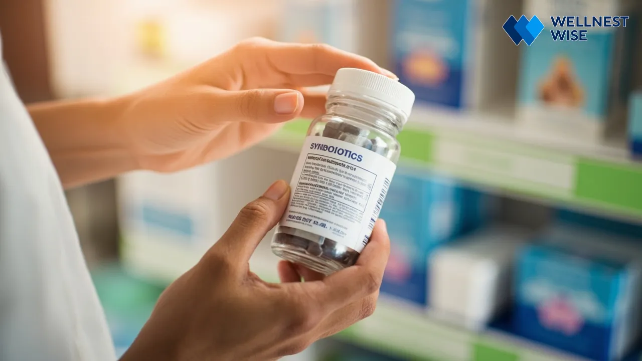 Hand reading the label of a synbiotic supplement bottle for quality and ingredients