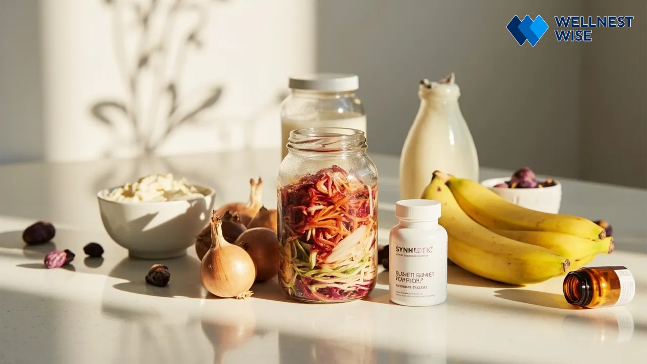 Assortment of synbiotic food sources and a supplement bottle on a kitchen counter