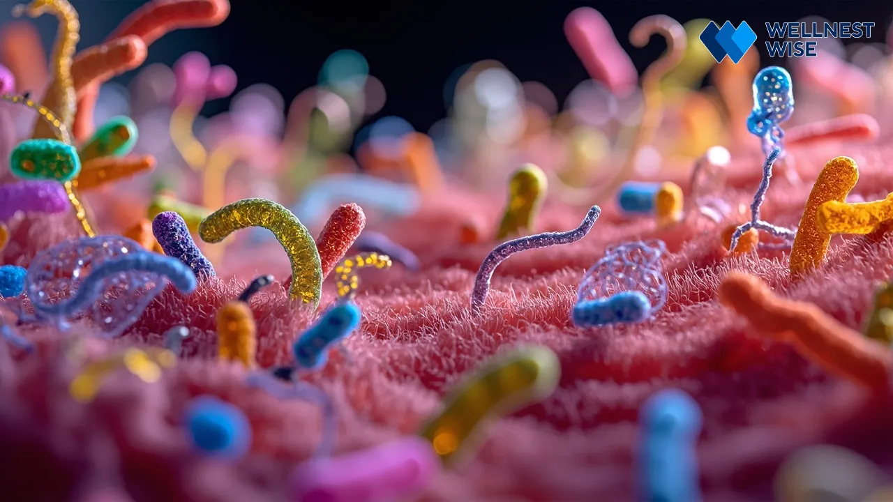 Microscopic view of diverse and healthy gut microbiome bacteria