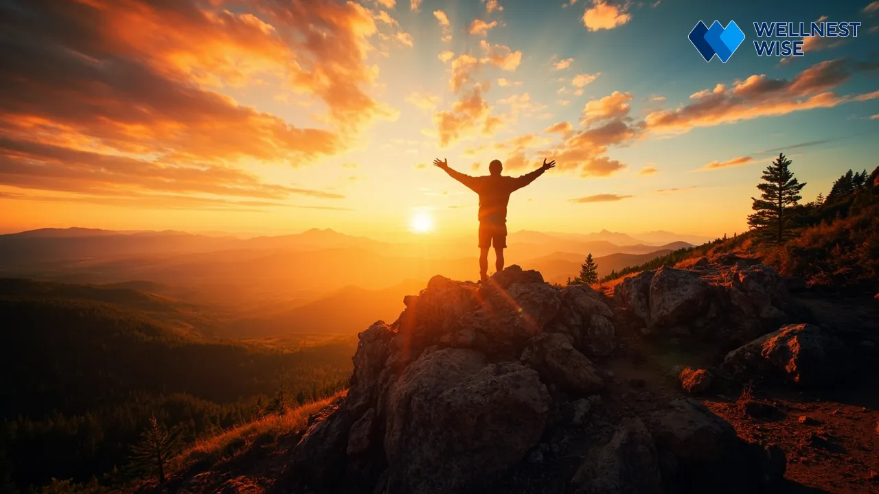 Triumphant individual on a mountain top, symbolizing strength and vitality from effective GLP-1 and lifestyle management.