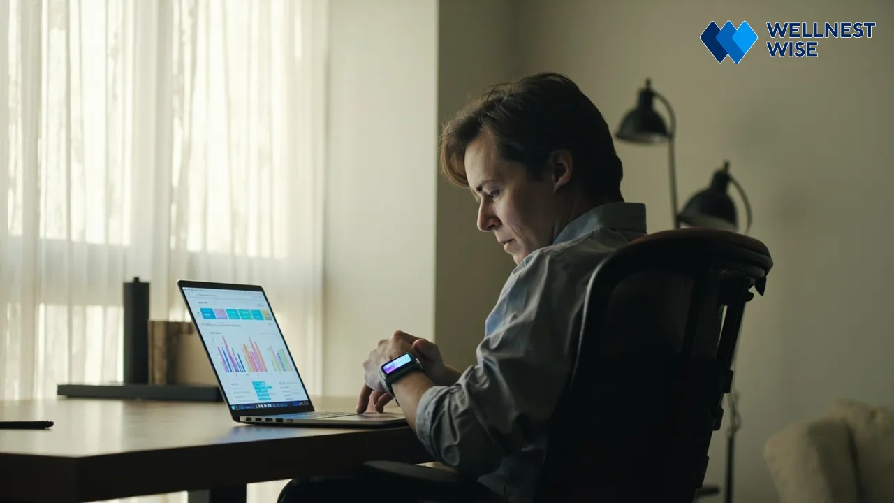 Individual analyzing wearable health data on a laptop for informed diet and lifestyle choices.