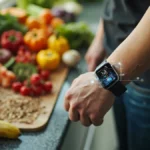 Person using a smartwatch to track health data while preparing a healthy meal, symbolizing wearable accuracy for diet and nutrition guidance.