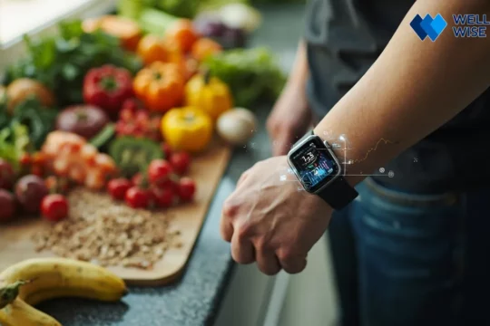 Person using a smartwatch to track health data while preparing a healthy meal, symbolizing wearable accuracy for diet and nutrition guidance.
