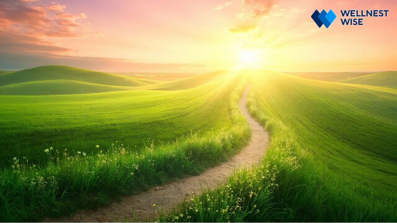 A path winding through a green field towards a bright horizon, symbolizing a journey to long-term health.