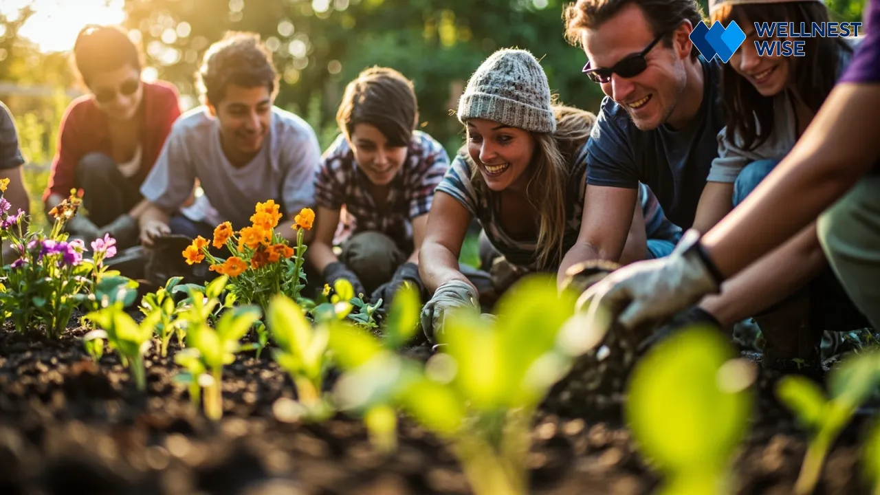 Diverse community members working together in a garden, symbolizing collective action and social connection to combat loneliness