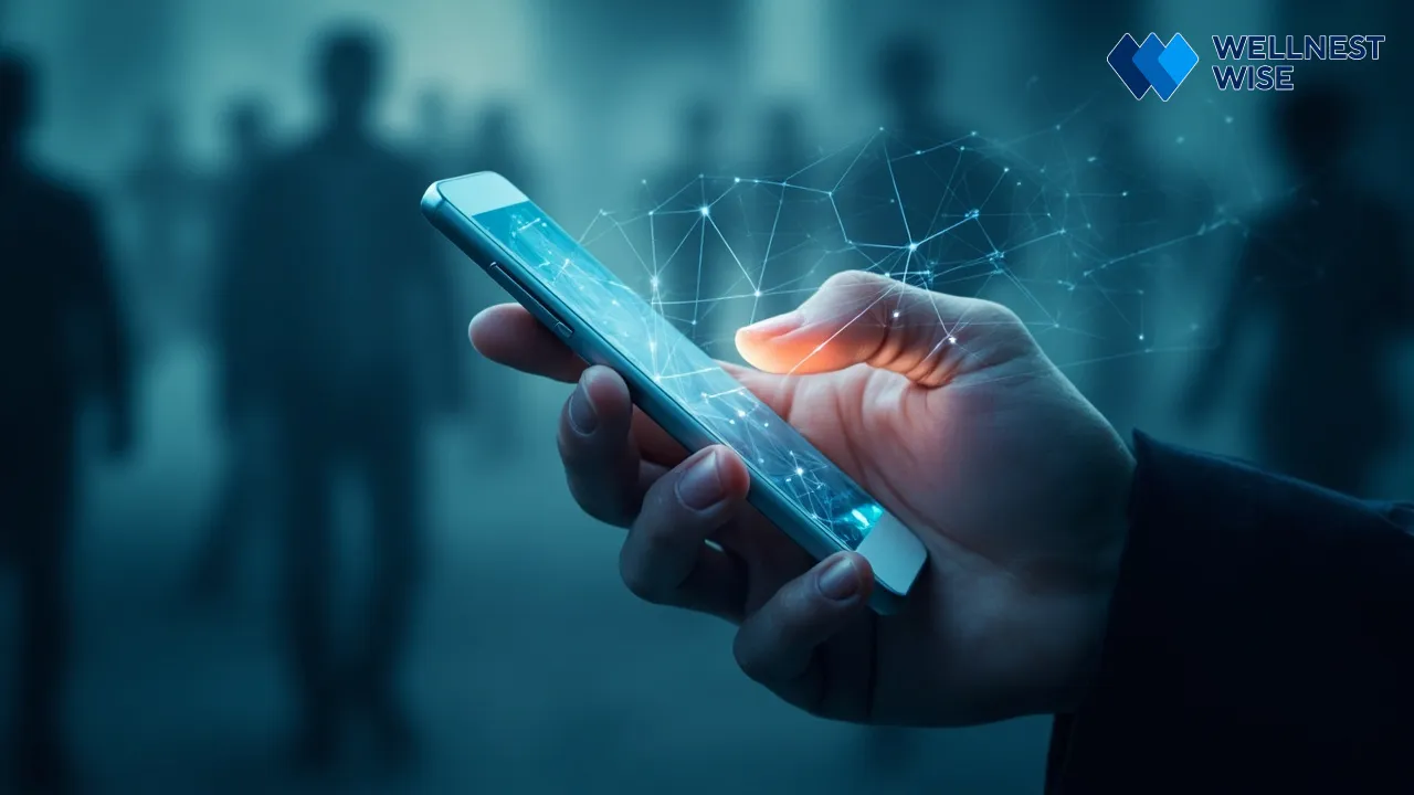 Hand holding a smartphone with digital connections, illustrating the role of technology in both connecting and isolating individuals