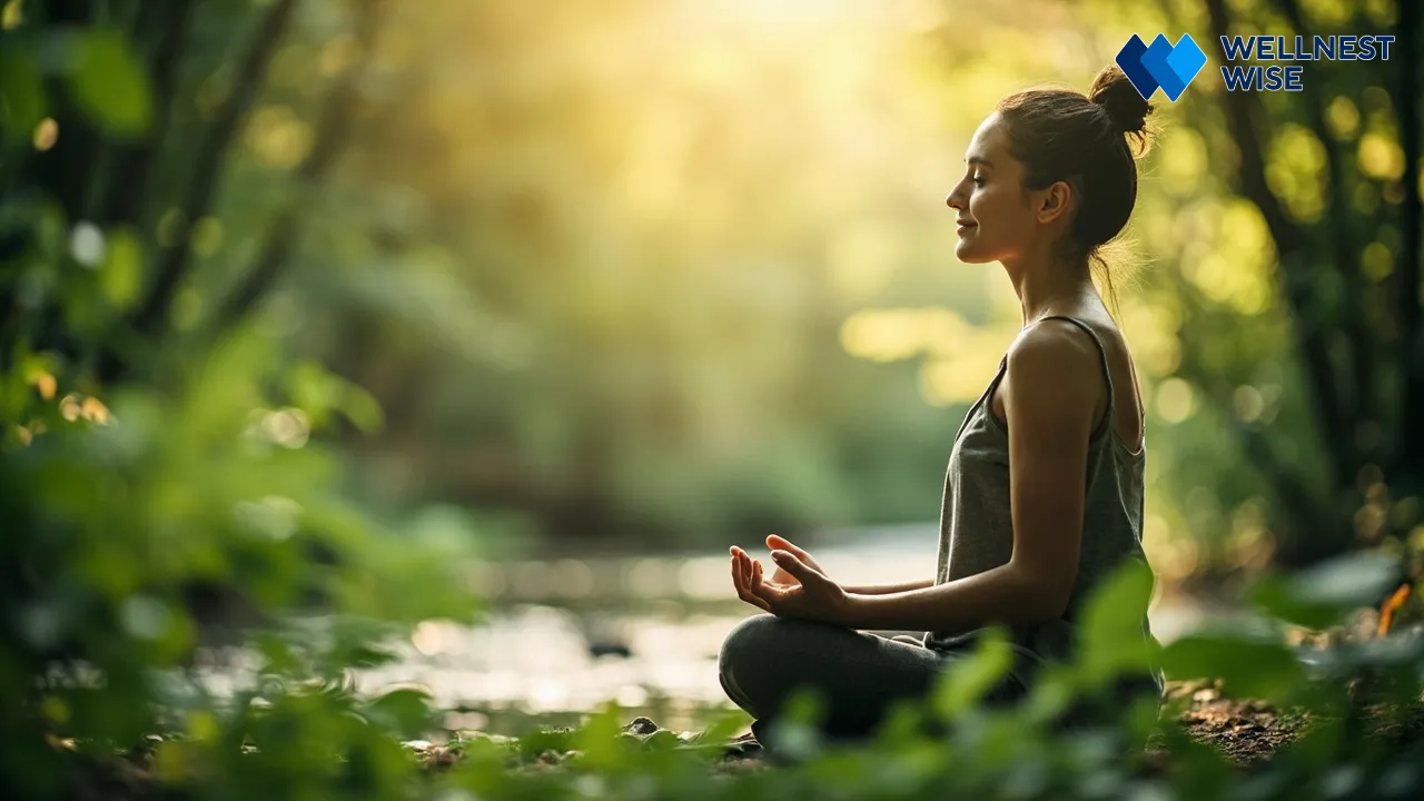 Person practicing mindfulness in nature, representing the positive aspects of mental and physical health in contrast to social disconnection