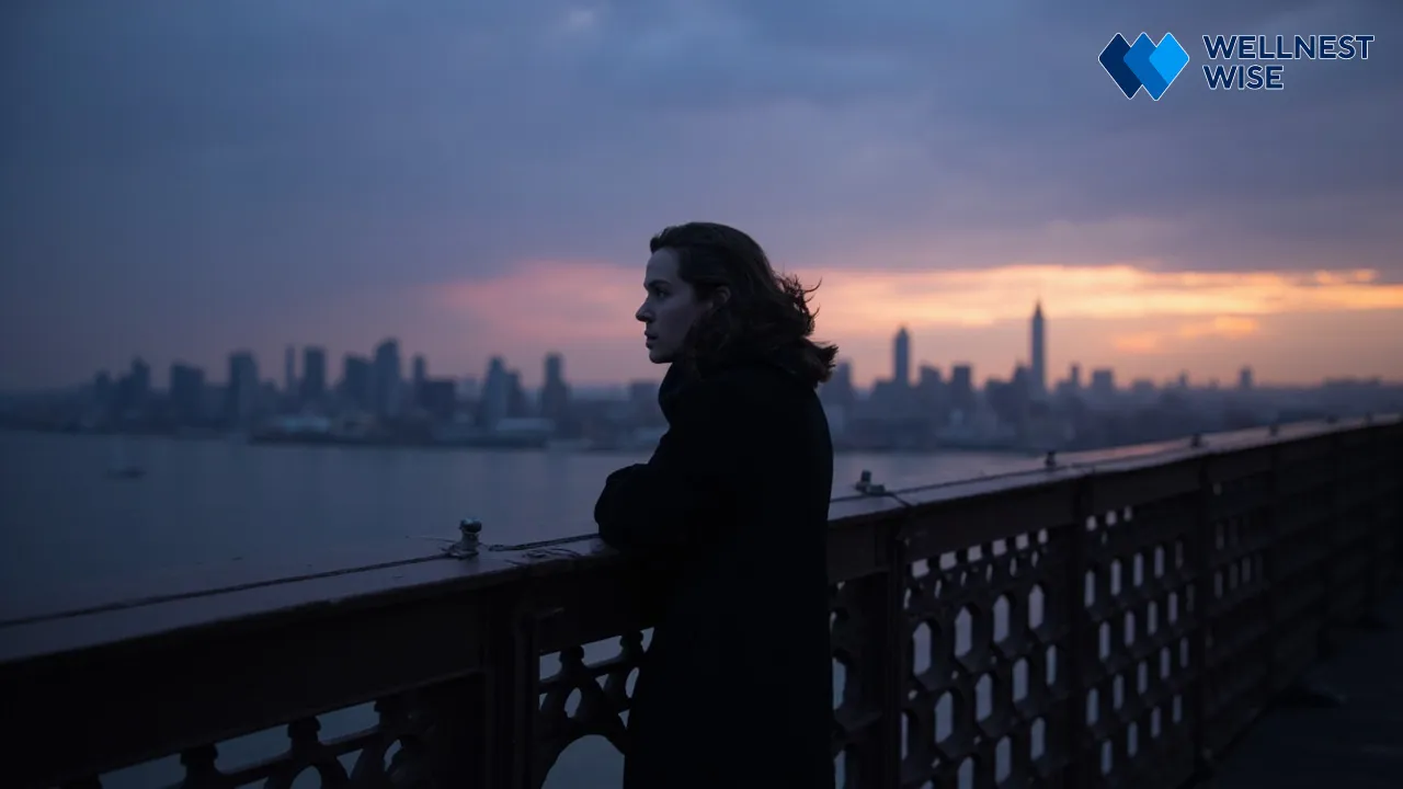 A lone person contemplating a city skyline, symbolizing the global social isolation challenge addressed by the WHO