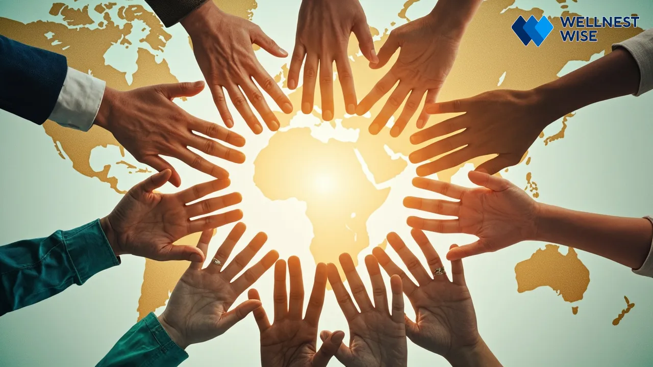 Diverse hands reaching inwards, forming a global collaborative circle, representing worldwide policy recommendations against loneliness