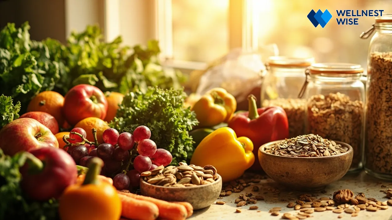 Abundant fresh whole foods on a kitchen counter, ready for preparation.