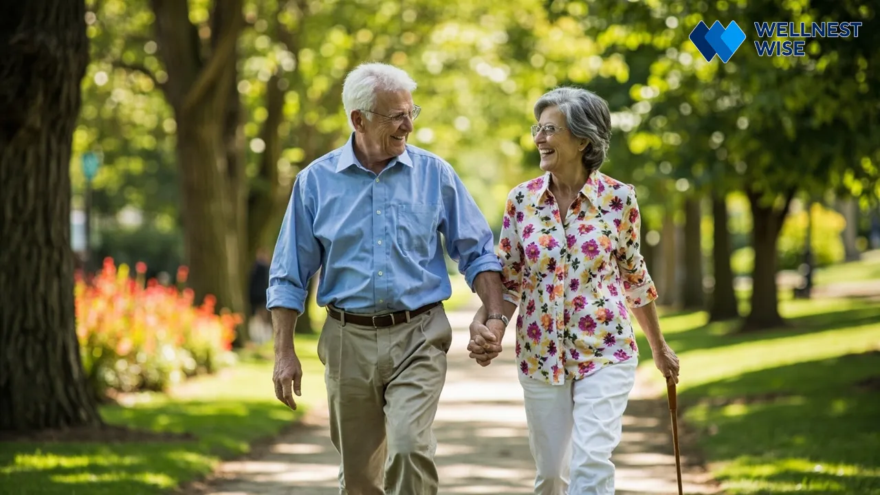 Energetic senior couple enjoying a walk in a park, reflecting the positive impact of improved sleep on daily life.
