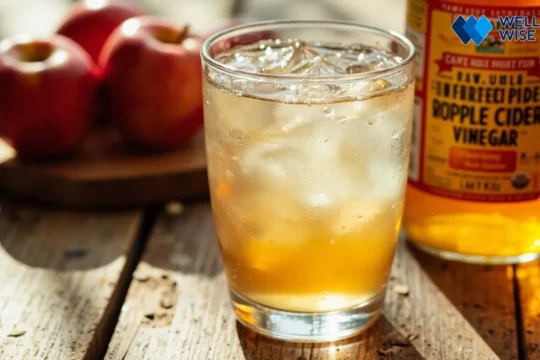 Glass of diluted apple cider vinegar with fresh apples and ACV bottle