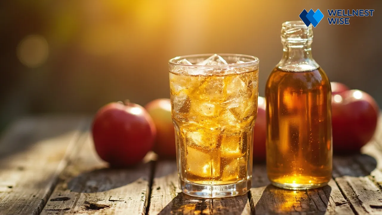 Glass of diluted apple cider vinegar with fresh apples and ACV bottle
