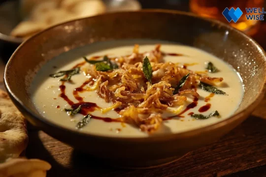 Bowl of creamy Kashk-e Bademjan garnished with mint and fried onion, served with flatbread