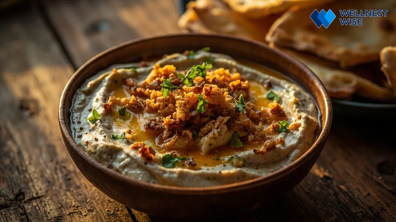 Traditional Kashk-e Bademjan dish with garnish and flatbread