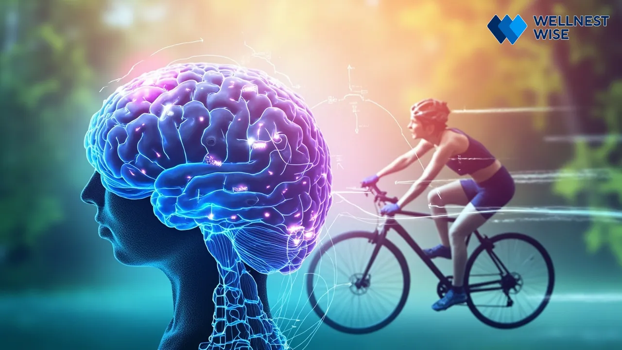 Scientific illustration showing the biological mechanisms of exercise on neurotransmitters and mood regulation.