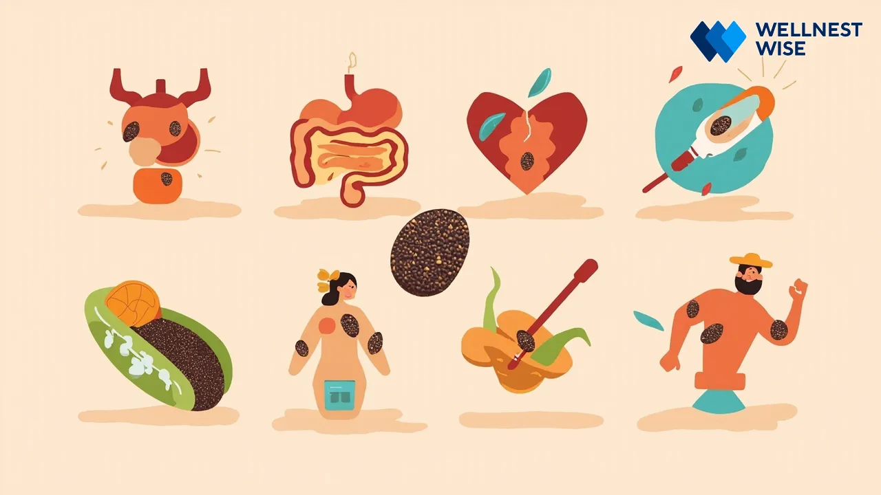 Icons representing gut health, heart health, blood sugar control, and weight management benefits of chia seeds