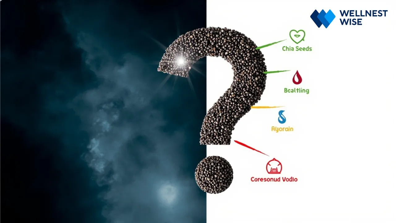 Myth vs. Fact about chia seeds with a question mark and clear information