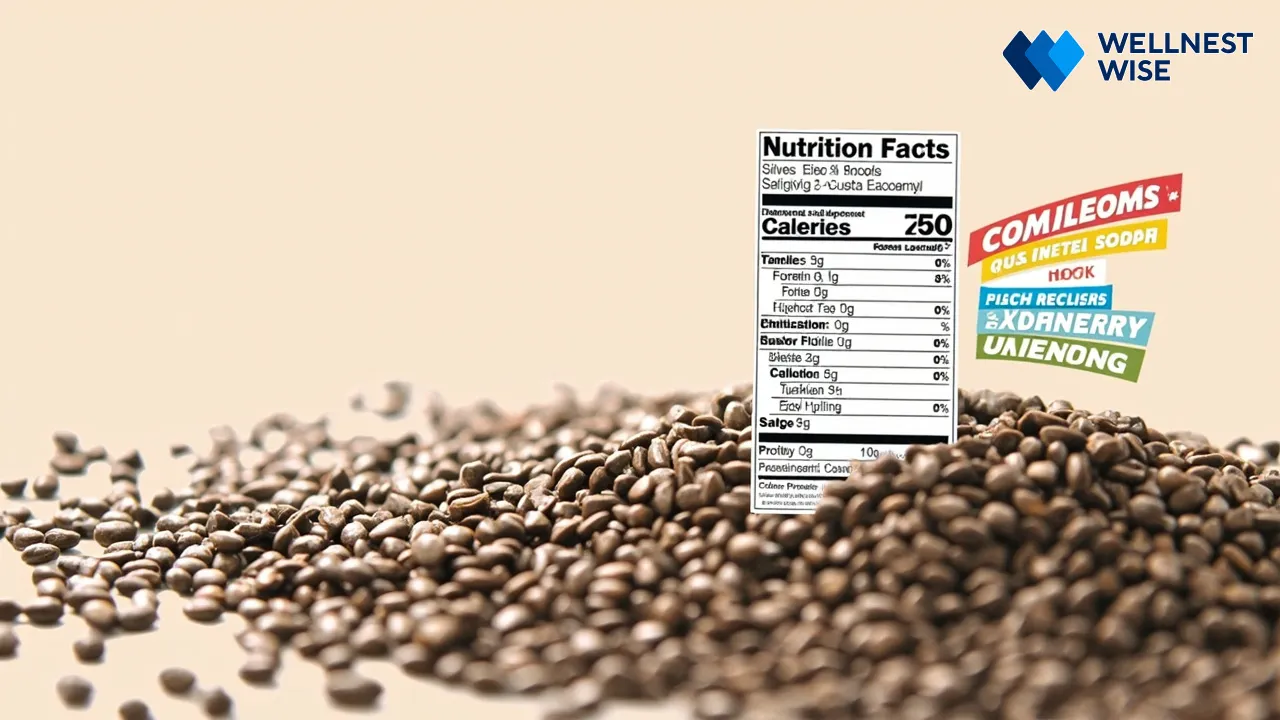 Nutritional breakdown of chia seeds with fiber, omega-3, and protein highlighted