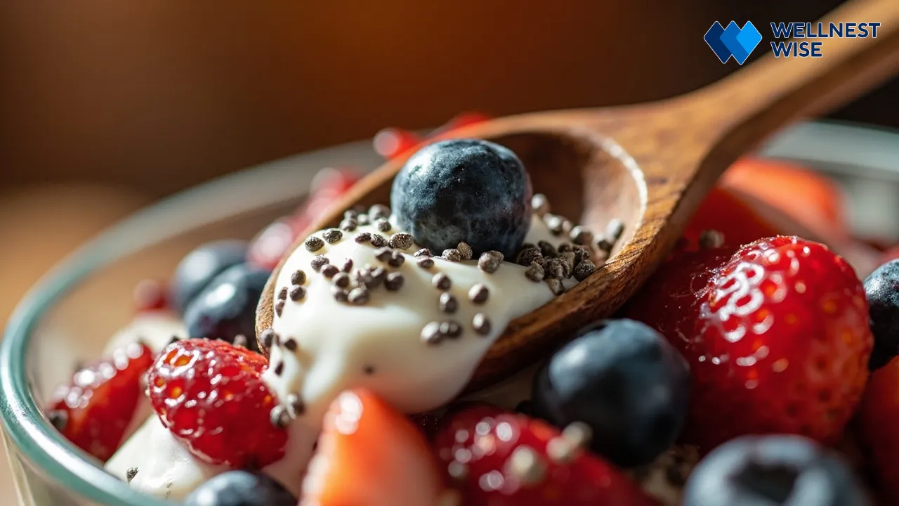 Chia seeds in a bowl with a spoon, next to a yogurt and berry parfait