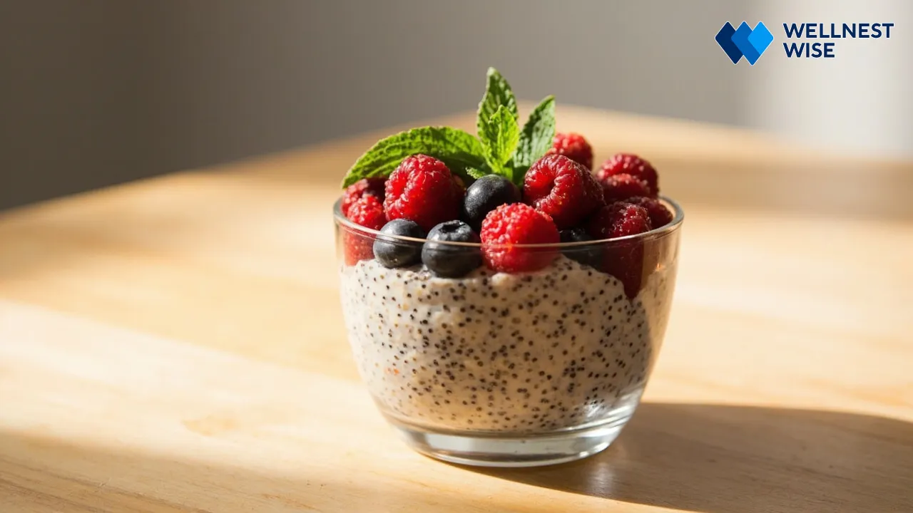 Chia seed pudding with fresh berries and mint garnish