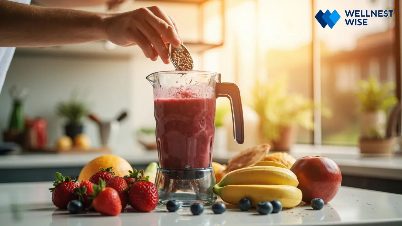 Hands adding chia seeds to a smoothie in a blender with fruits