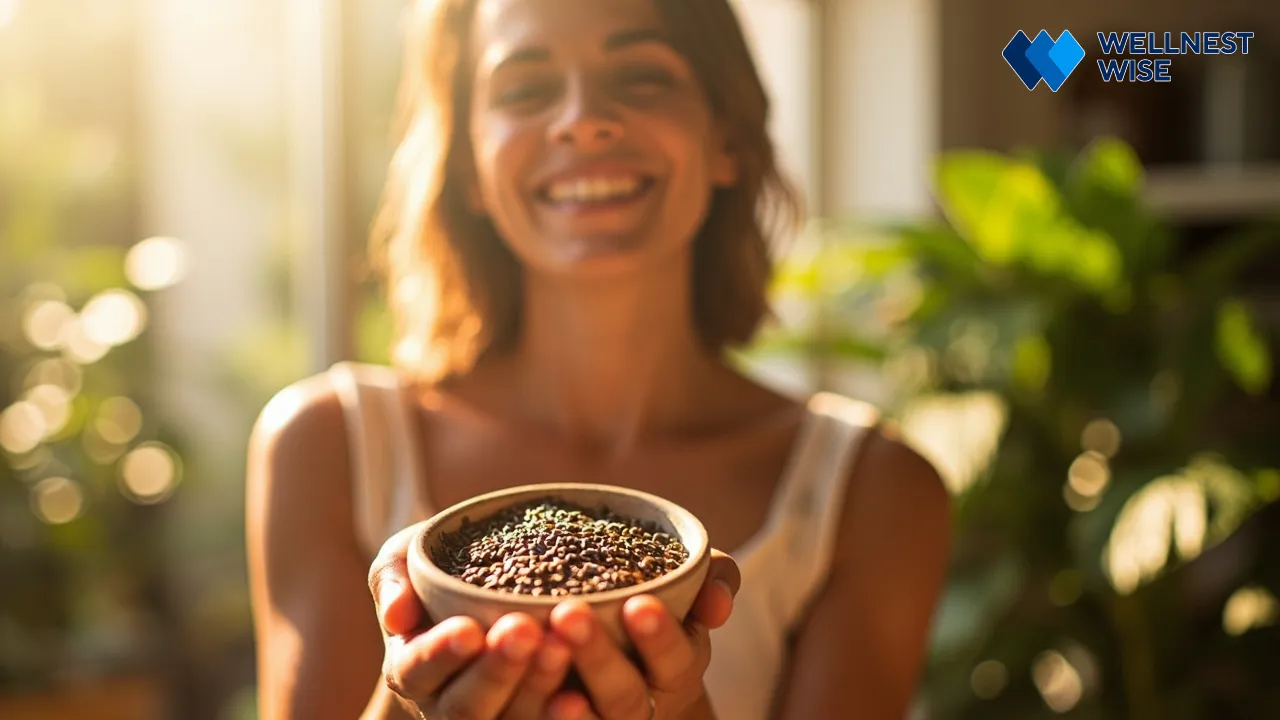 Happy person holding a bowl of chia seeds, representing healthy lifestyle