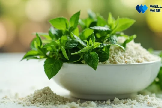 Fresh stevia leaves and white stevia powder sugar substitute