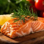 A beautifully cooked salmon fillet with dill and lemon on a wooden board.