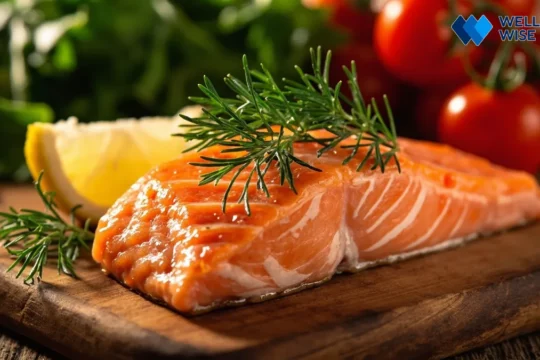 A beautifully cooked salmon fillet with dill and lemon on a wooden board.