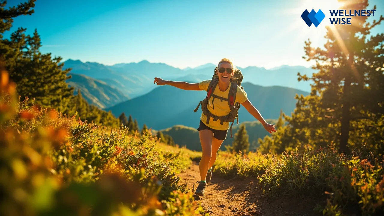 Energetic person hiking outdoors, symbolizing improved health and vitality.