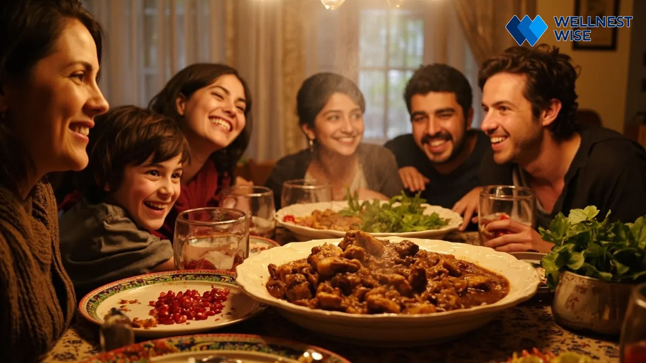 Family enjoying healthy Fesenjan meal