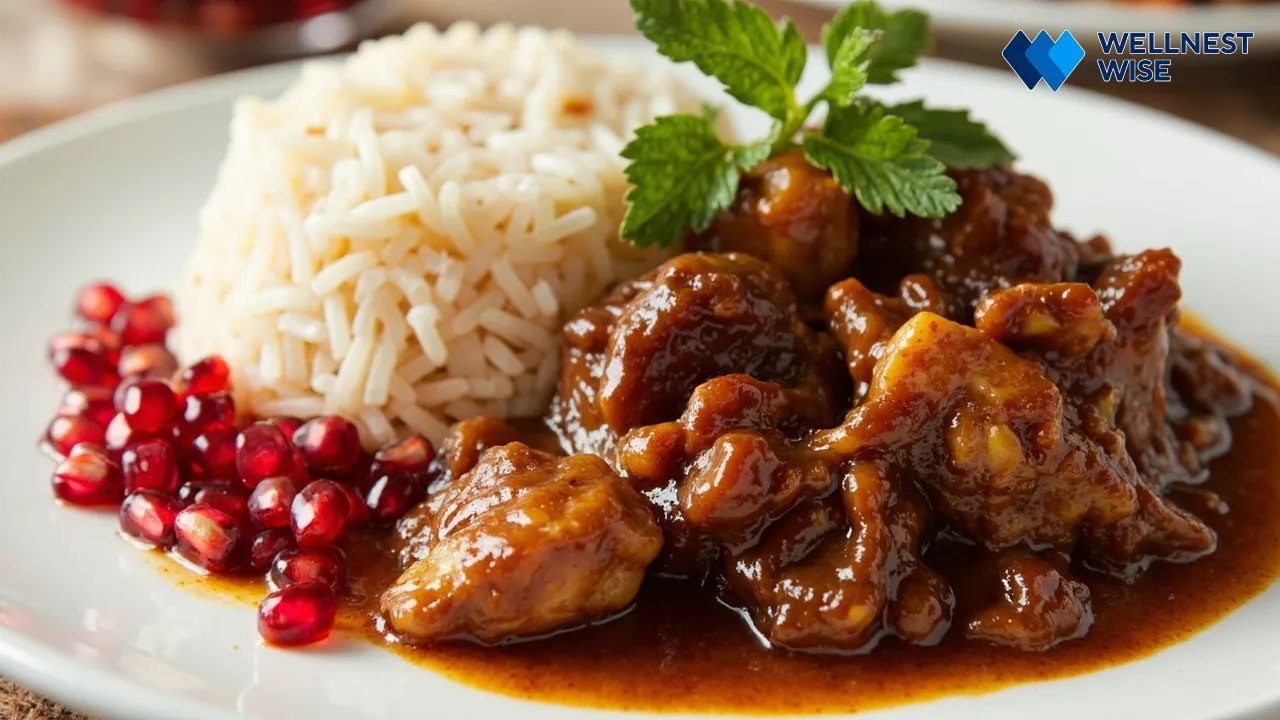 Serving healthy Fesenjan with basmati rice