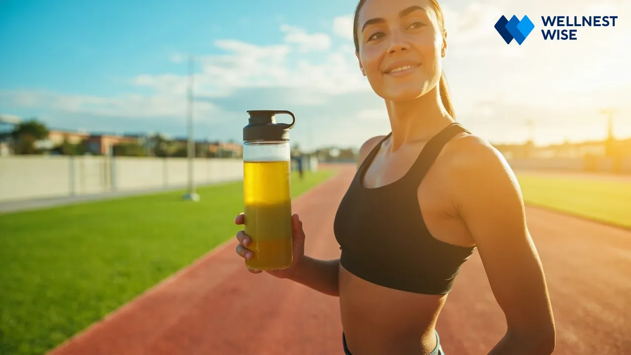 Athlete drinking green tea after a workout for metabolic support and hydration.