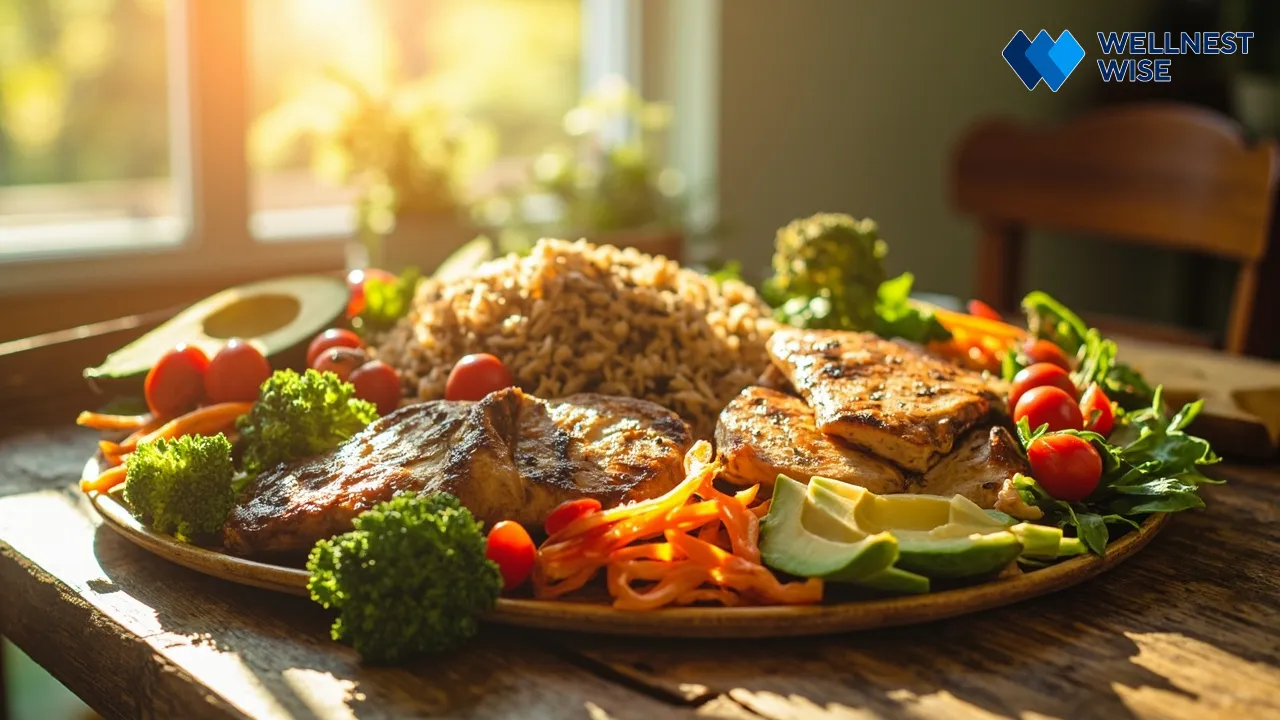 Balanced meal with lean protein, vegetables, and whole grains