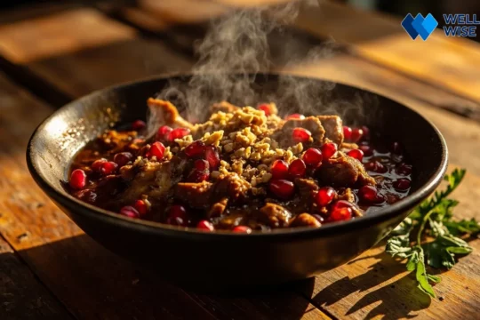 Healthy Fesenjan stew with chicken, pomegranate, and walnuts