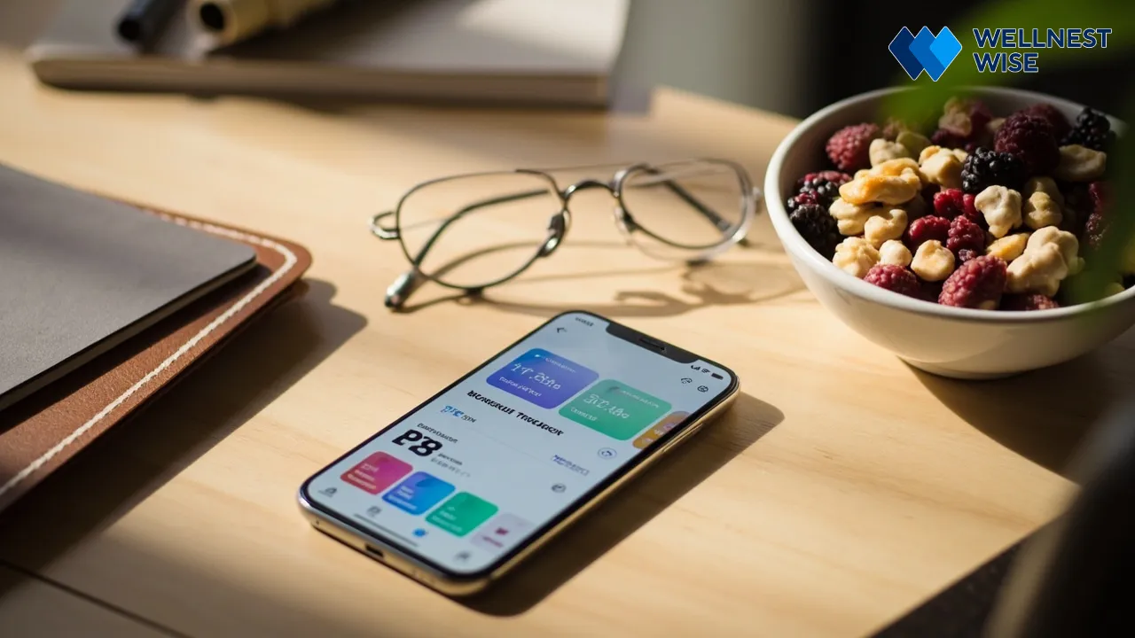 Self-care tools including journaling and healthy food, illustrating exercise as part of a comprehensive wellness routine.