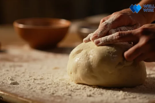 Hands kneading fresh, healthy homemade pizza dough on a wooden board ready for rising