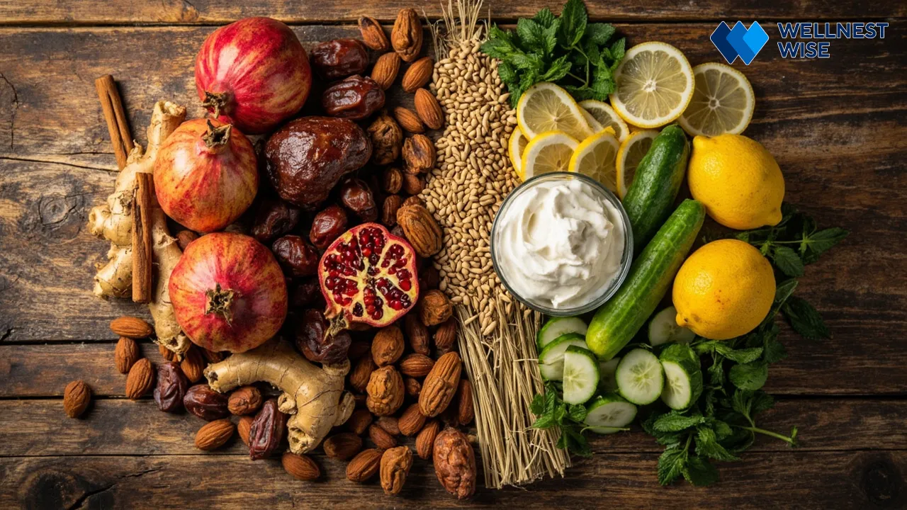 Assortment of 'hot' and 'cold' foods according to Mizaj dietary principles, arranged on a rustic table