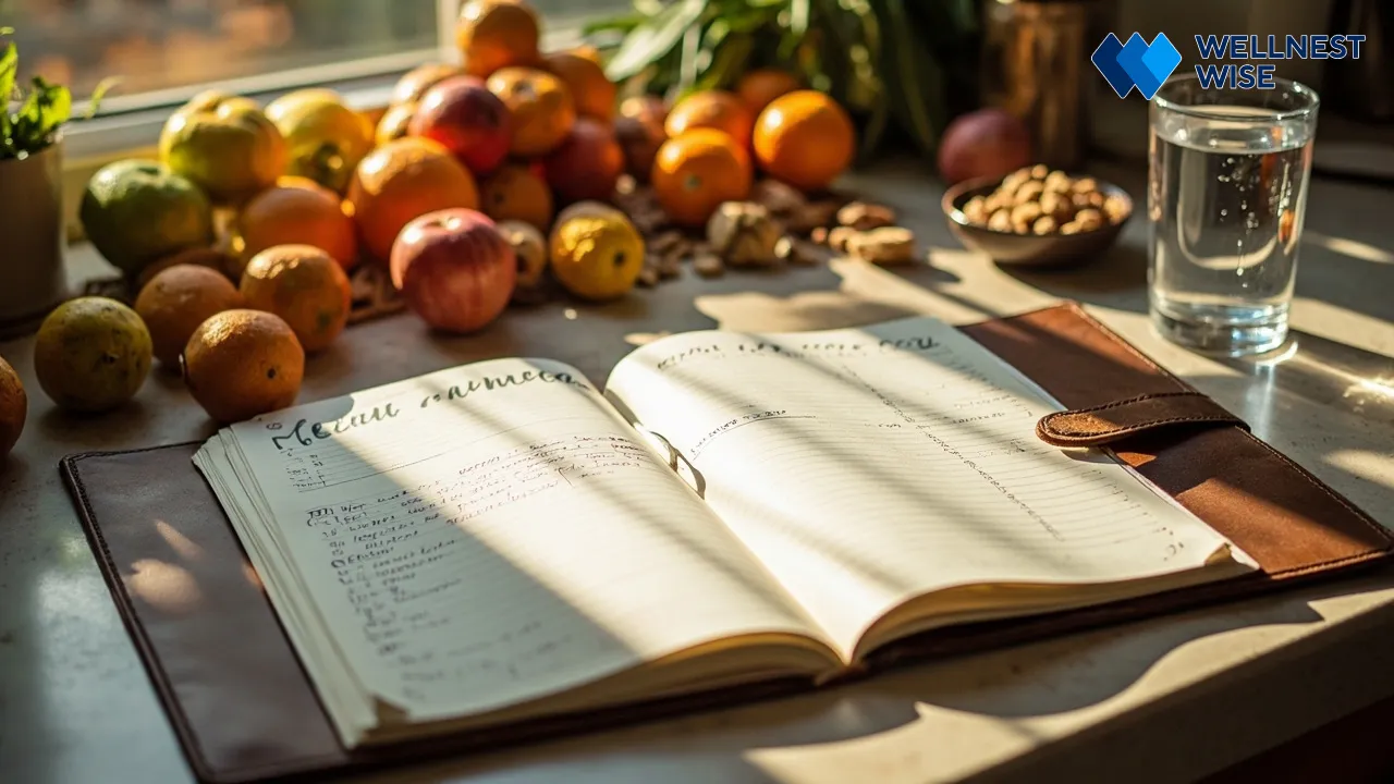 Kitchen counter with meal plan journal, water, and healthy ingredients for intermittent fasting preparation